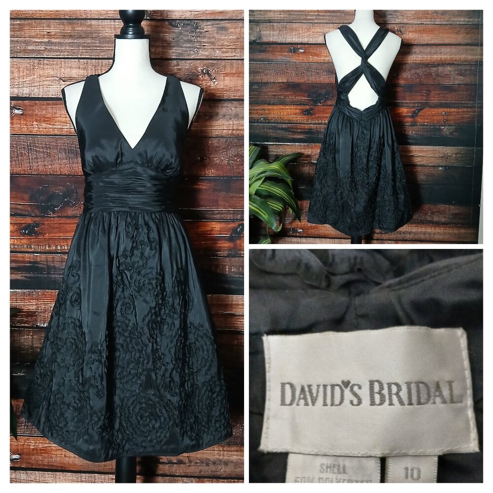Davids Bridal Dress 10 Black Formal Halter Cross Back Full Embellished